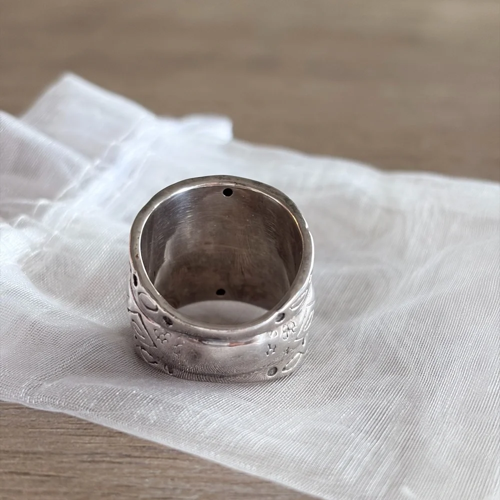 Sterling Silver 925 Wide Spinner Ring | Hand Engraved Boho Statement - Size 8 - Picture 5 of 6